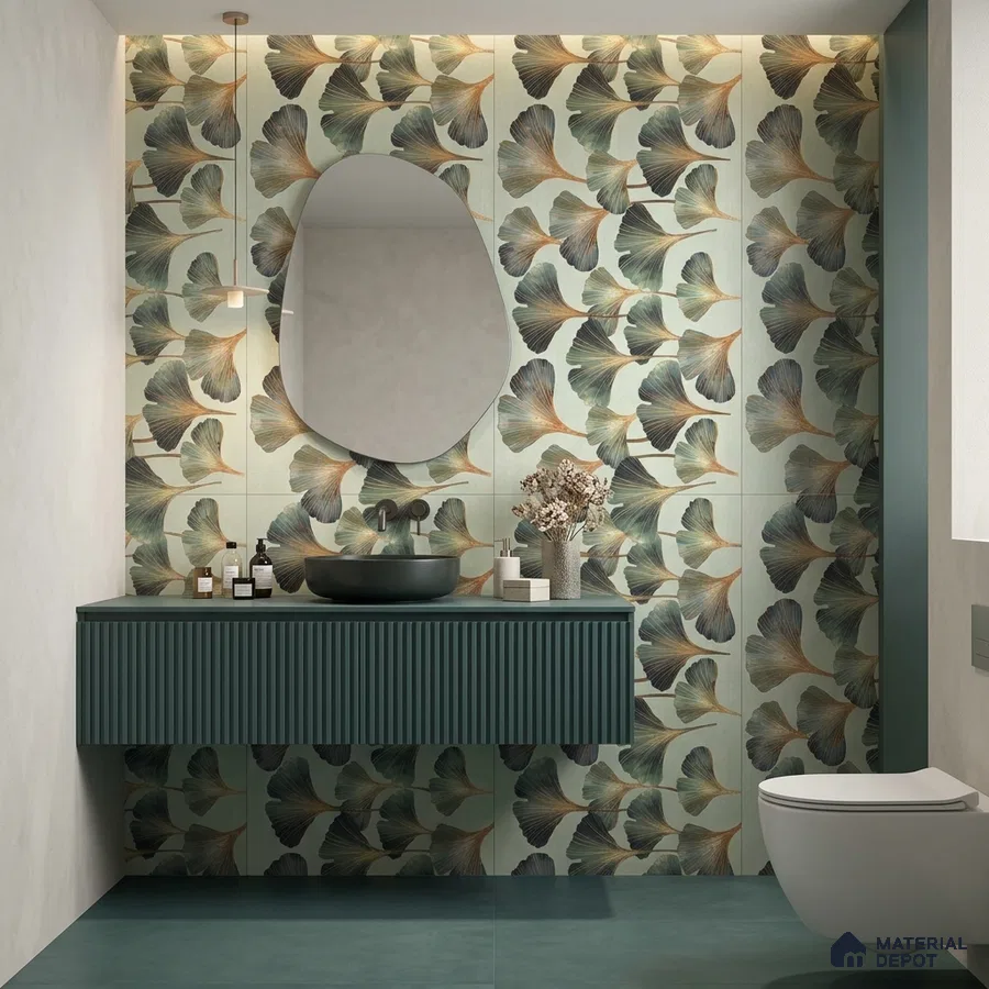 Modern bathroom with botanical floral wall tiles and teal fluted vanity laminate