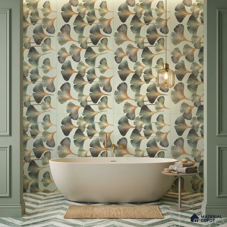 Modern bathroom with botanical floral wall tiles and chevron patterned floor tiles
