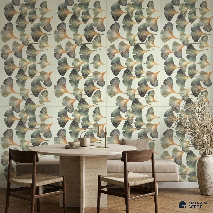 Mid-century modern dining room with floral tile and travertine table