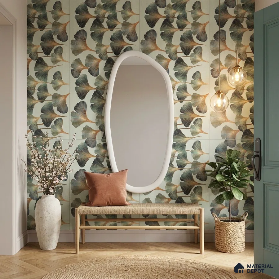 Scandinavian foyer with floral tile, natural wood bench, and herringbone wooden flooring