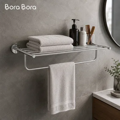 Towel Racks - stainless steel towel rack with folded and hanging towels on a grey bathroom wall