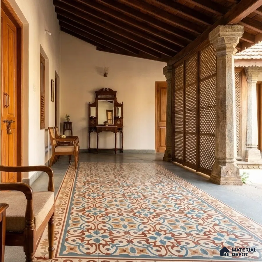Traditional balcony with patterned encaustic floor tiles and wooden ceiling