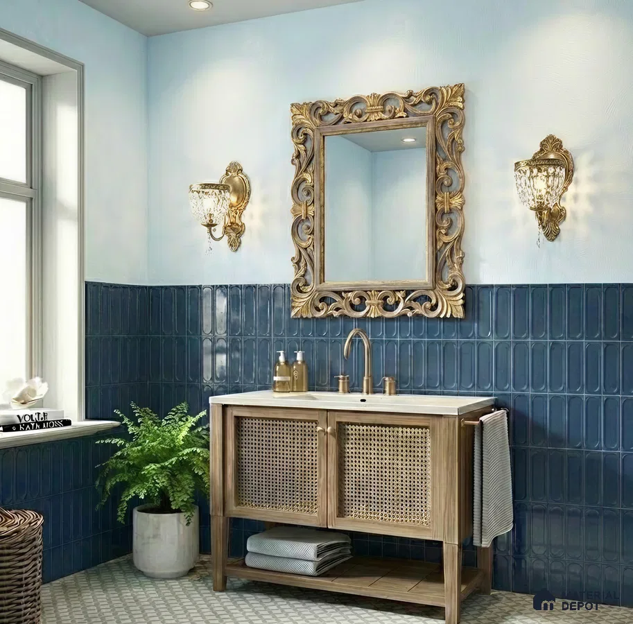 Traditional bathroom with blue glossy subway wall tiles, cane vanity, and gold ornate mirror