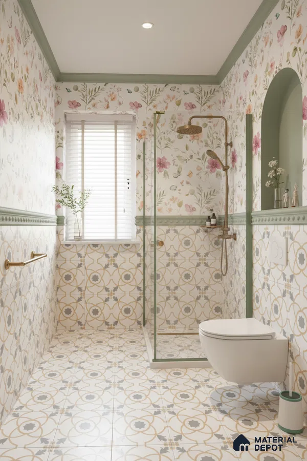 Traditional bathroom with floral wallpaper and patterned geometric floor and wall tiles in Bengaluru | Material Depot