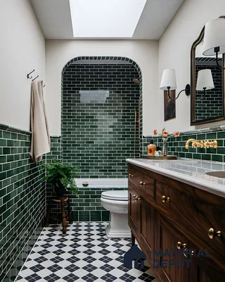 Traditional Bathroom with Green Subway Tiles and Black and White Floor Tiles | Material Depot