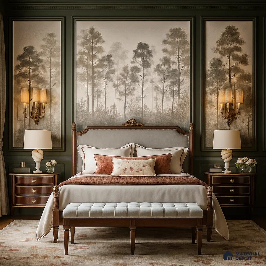 Traditional bedroom with forest mural wallpaper, dark green wall paneling, and classic wooden furniture in Bengaluru