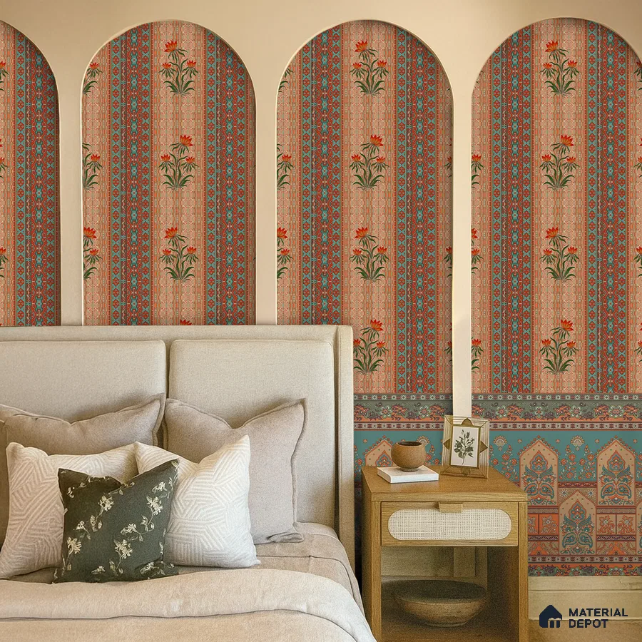 Traditional bedroom with Indian floral patterned wallpaper and upholstered beige bed in Bengaluru
