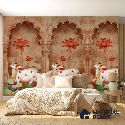 Traditional bedroom with Indian pichwai wallpaper, natural wood flooring, and neutral bedding in Bengaluru