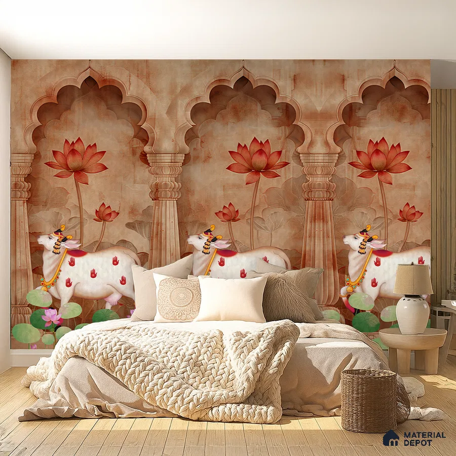 Traditional bedroom with Indian pichwai wallpaper, natural wood flooring, and neutral bedding in Bengaluru