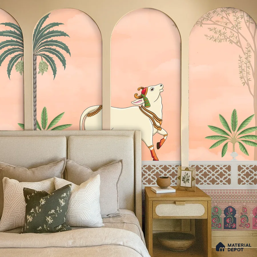 Traditional bedroom with Pichwai wallpaper, beige upholstered bed, and wooden nightstand in Bengaluru