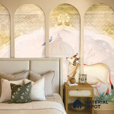 Traditional bedroom with pichwai wallpaper, upholstered bed, and wooden nightstand in Bengaluru