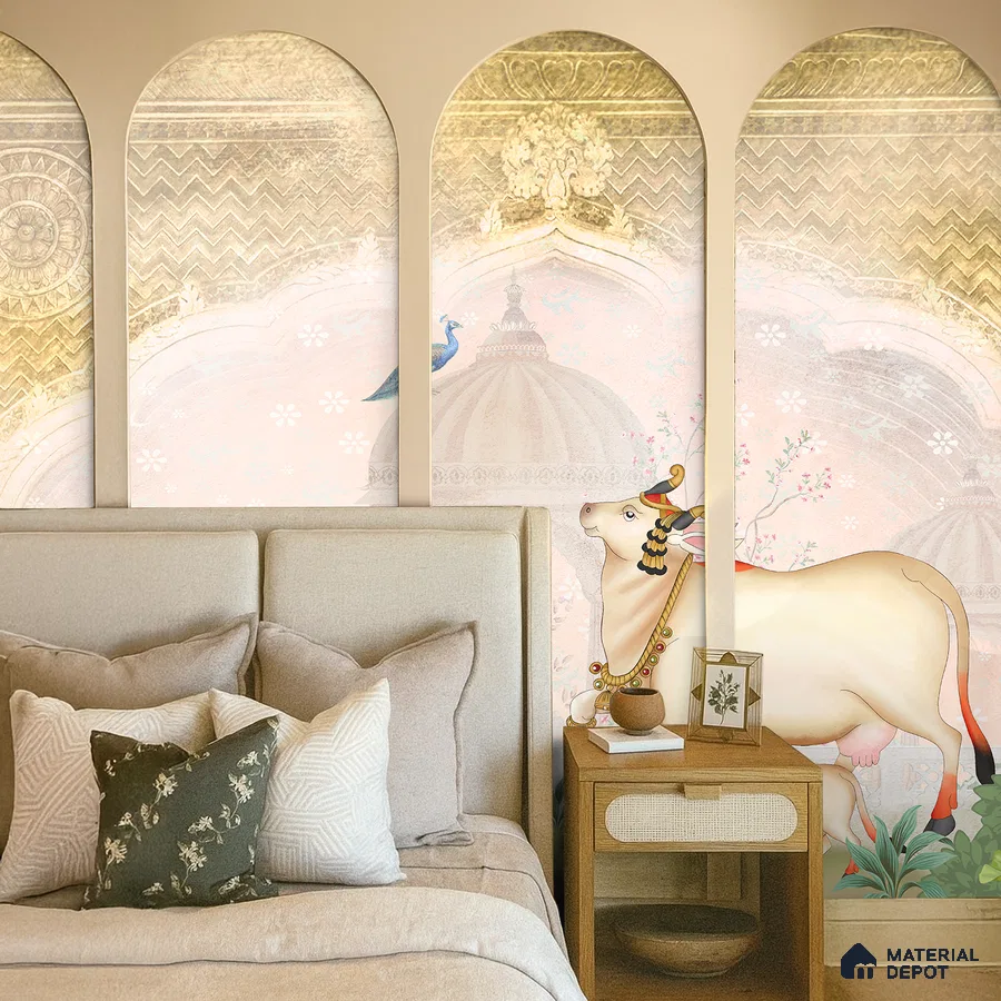 Traditional bedroom with pichwai wallpaper, upholstered bed, and wooden nightstand in Bengaluru
