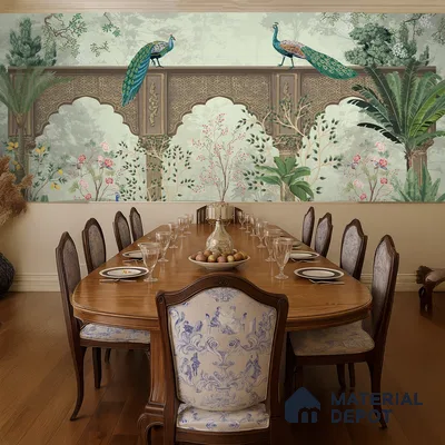 Traditional dining room with chinoiserie wallpaper, carved wood dining table, and classic upholstered chairs in Bengaluru