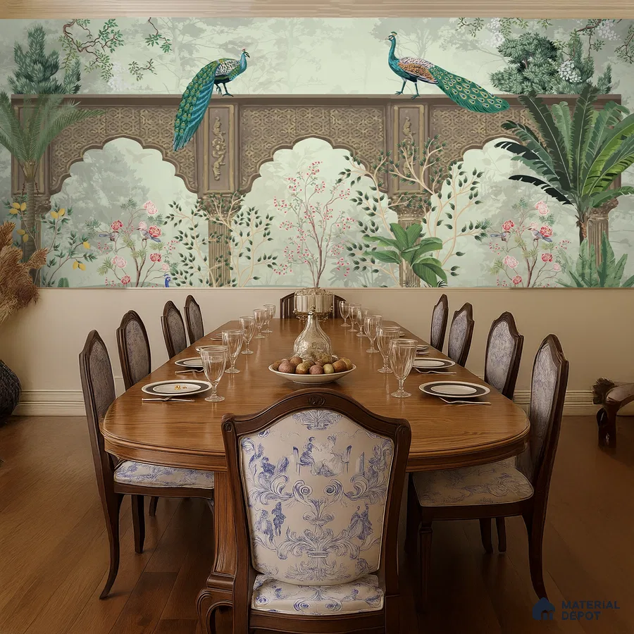 Traditional dining room with chinoiserie wallpaper, carved wood dining table, and classic upholstered chairs in Bengaluru