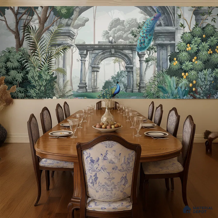 Traditional dining room with chinoiserie wallpaper, classic wood dining table, and upholstered chairs in Bengaluru
