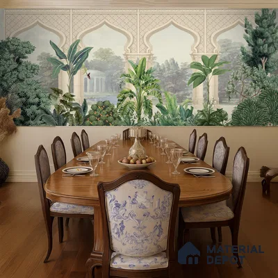 Traditional dining room with chinoiserie wallpaper, classic wooden dining table, and oak wood flooring in Bengaluru