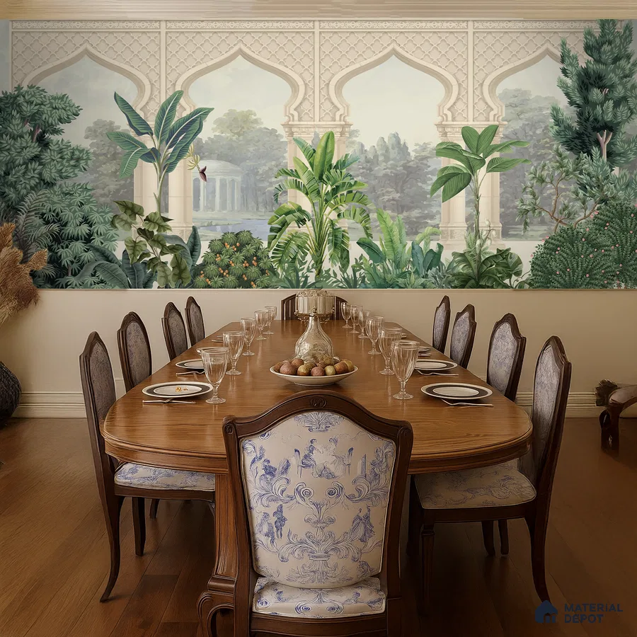 Traditional dining room with chinoiserie wallpaper, classic wooden dining table, and oak wood flooring in Bengaluru