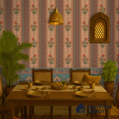 Traditional dining room with Indian floral patterned wallpaper and solid wood dining table in Bengaluru