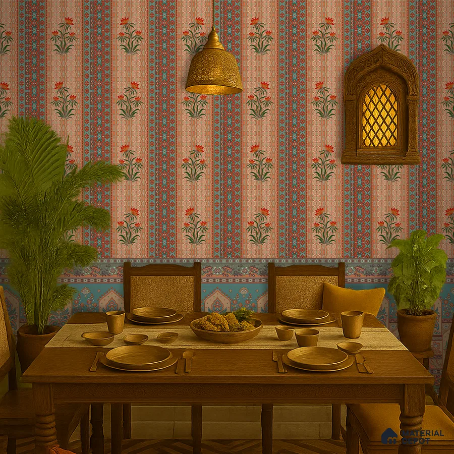 Traditional dining room with Indian floral patterned wallpaper and solid wood dining table in Bengaluru
