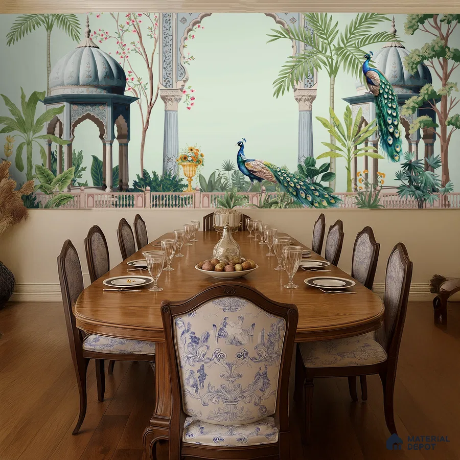 Traditional dining room with Indian mural wallpaper and classic wooden dining set in Bengaluru