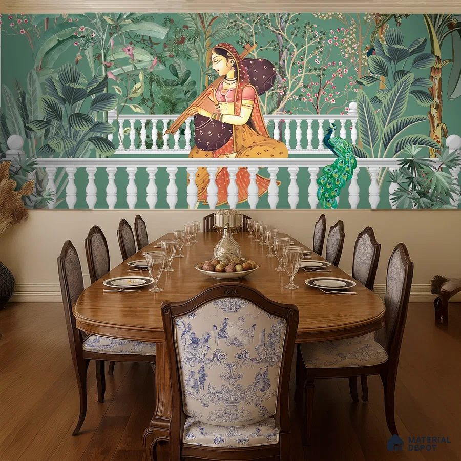 Traditional dining room with Indian mural wallpaper and classic wooden dining table in Bengaluru