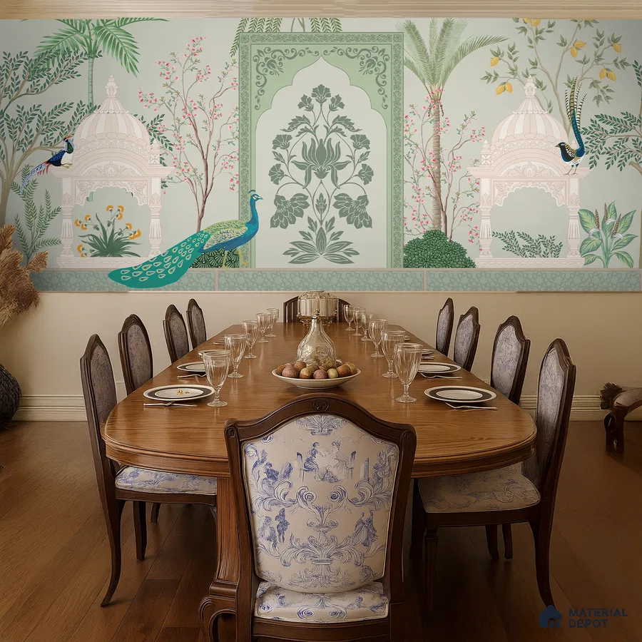 Traditional dining room with Indian mural wallpaper, carved wood dining table, and classic upholstered chairs in Bengaluru