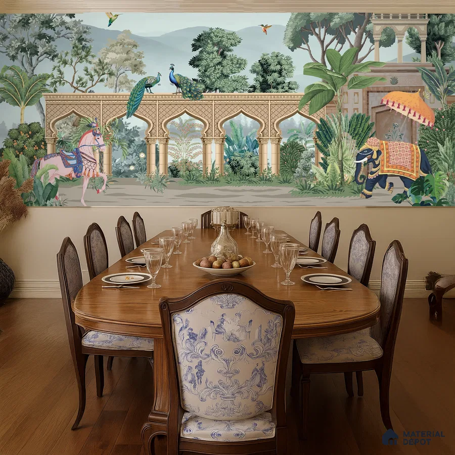 Traditional dining room with Indian mural wallpaper, classic wooden dining table, and blue patterned upholstery in Bengaluru