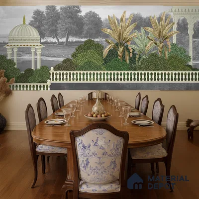 Traditional dining room with Indian mural wallpaper, classic wooden dining table, and floral upholstered chairs in Bengaluru