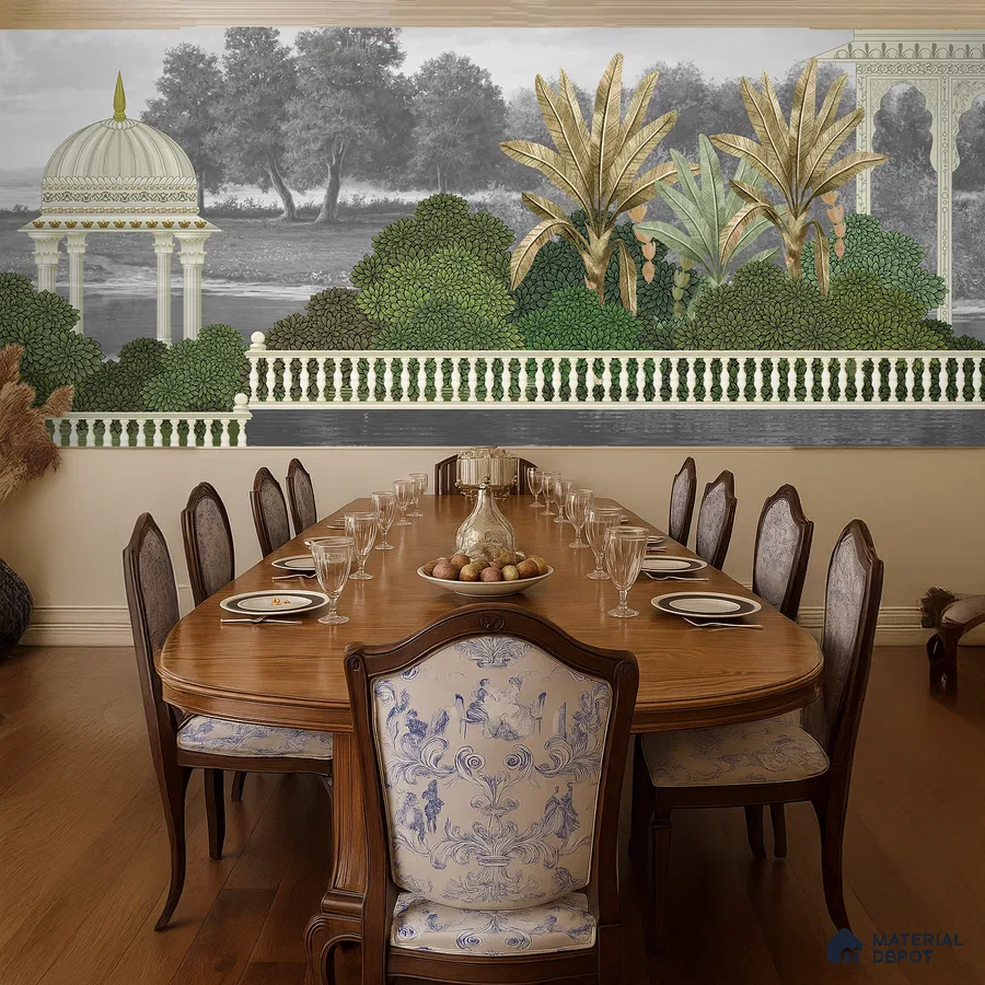 Traditional dining room with Indian mural wallpaper, classic wooden dining table, and floral upholstered chairs in Bengaluru