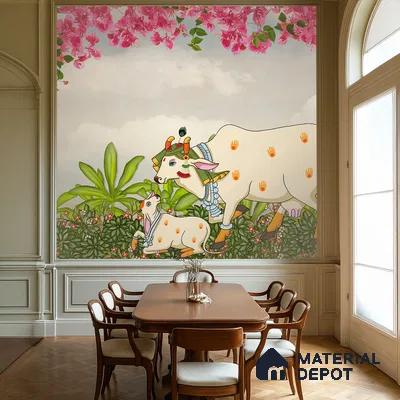Traditional dining room with Indian Pichwai wallpaper and wooden flooring in Bengaluru