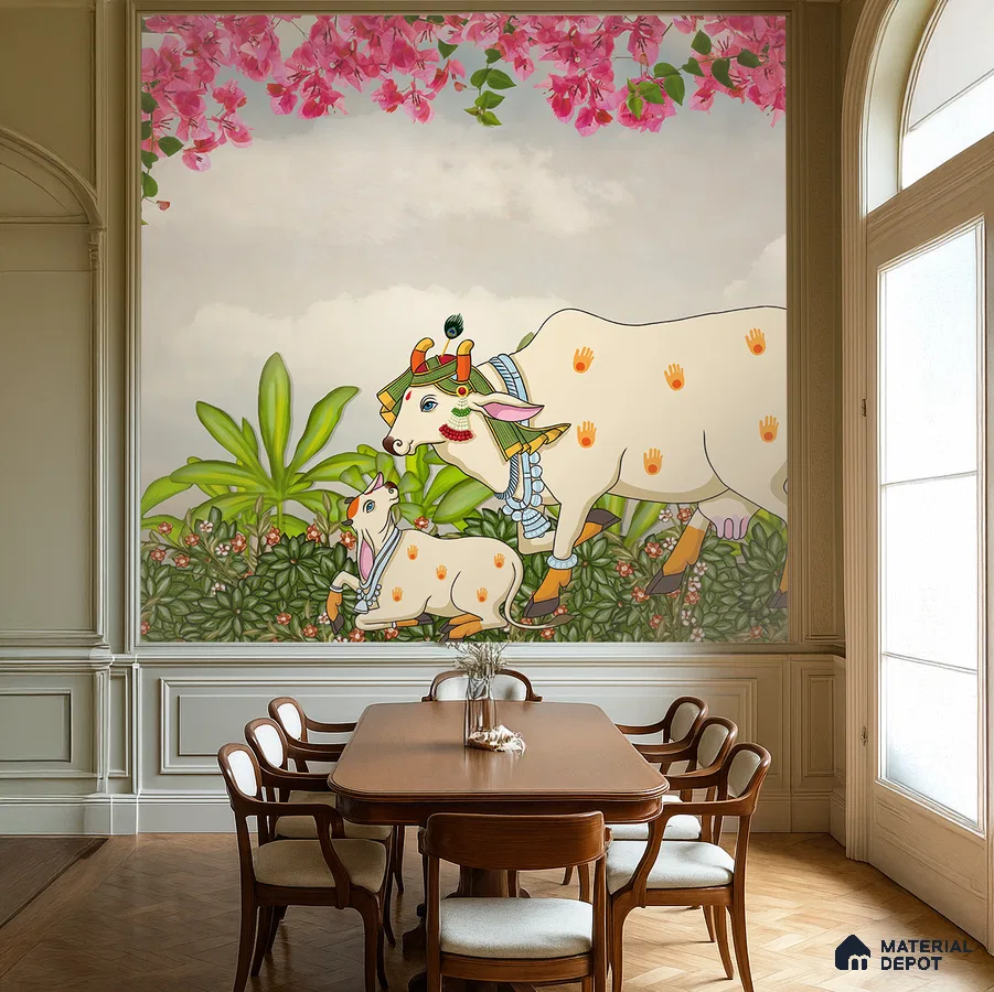 Traditional dining room with Indian Pichwai wallpaper and wooden flooring in Bengaluru