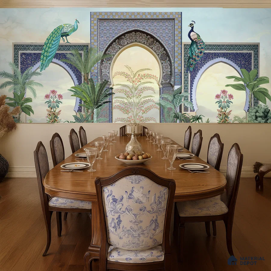 Traditional dining room with peacock-themed mural wallpaper and classic wooden dining set in Bengaluru