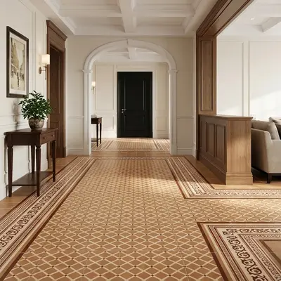 Traditional foyer with patterned beige and brown floor tiles and classic wood paneling