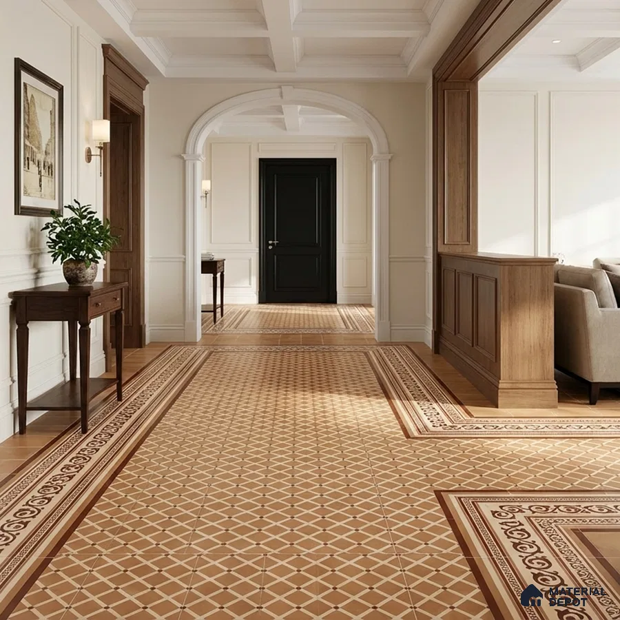 Traditional foyer with patterned beige and brown floor tiles and classic wood paneling