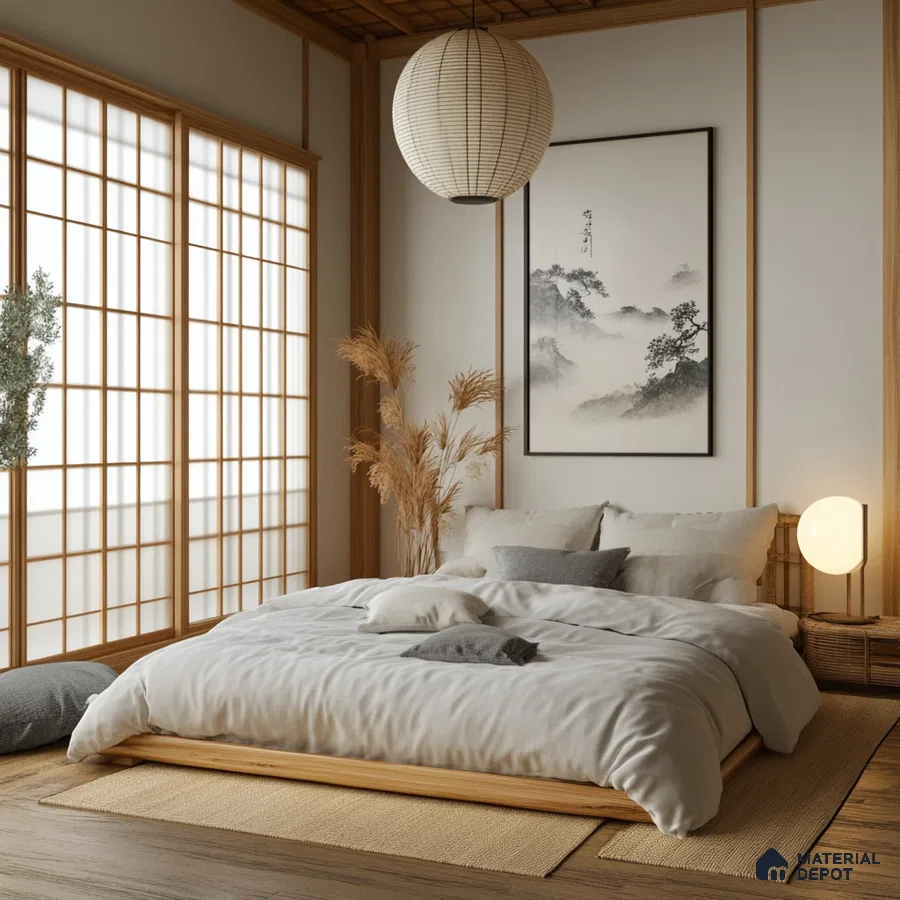 Traditional Japanese Bedroom Design with Tatami Mat and Shoji Screens Godrej Woodland Sarjapur Road | Material Depot