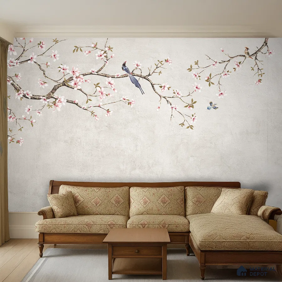 Traditional living room with chinoiserie floral wallpaper and carved wood sofa set in Bengaluru