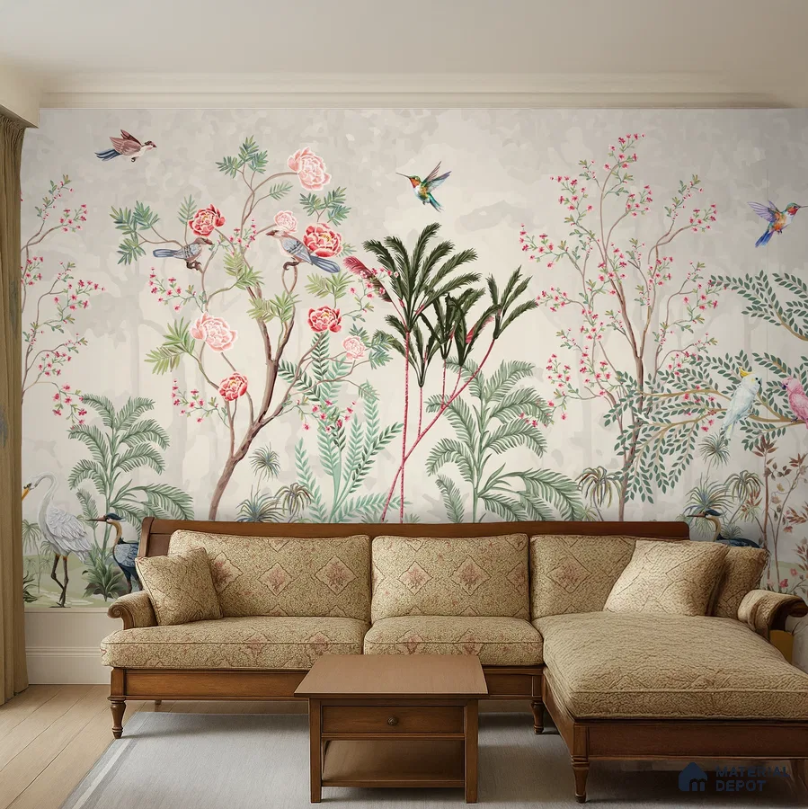 Traditional living room with chinoiserie floral wallpaper and carved wood sofa set in Bengaluru