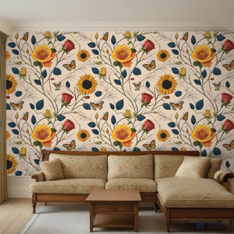 Traditional living room with floral wallpaper and classic wooden sofa set in Bengaluru