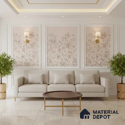 Traditional living room with floral wallpaper panels, beige sofa, and marble floor tiles in Bengaluru