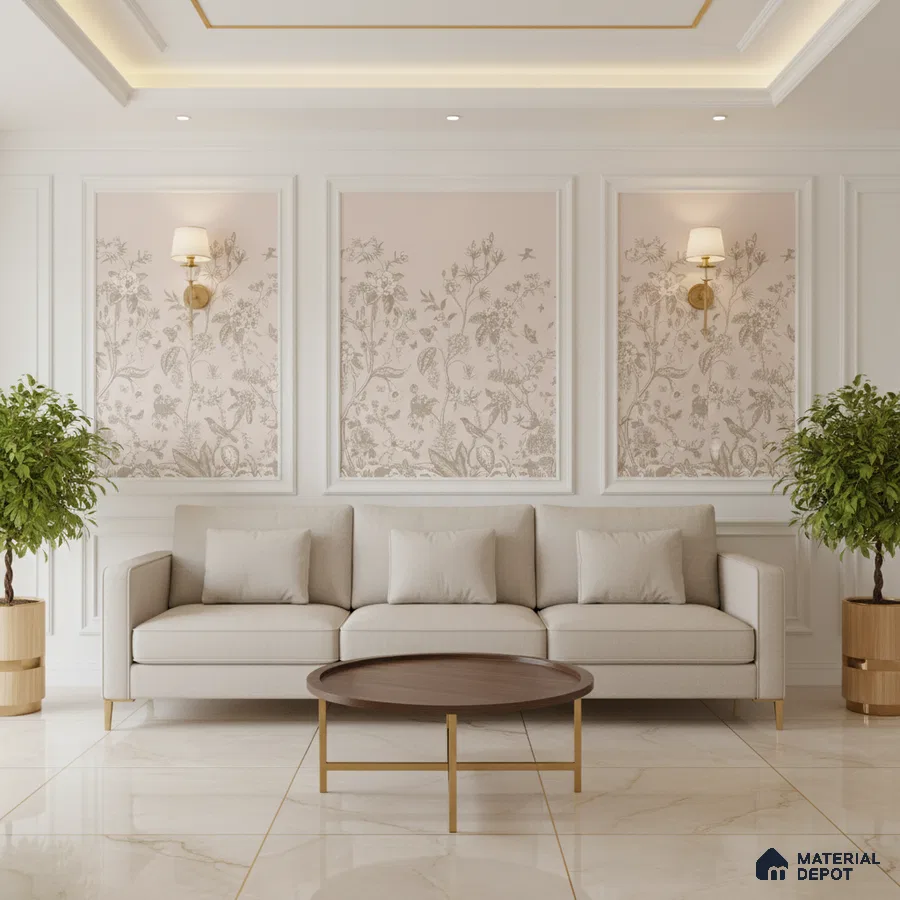 Traditional living room with floral wallpaper panels, beige sofa, and marble floor tiles in Bengaluru