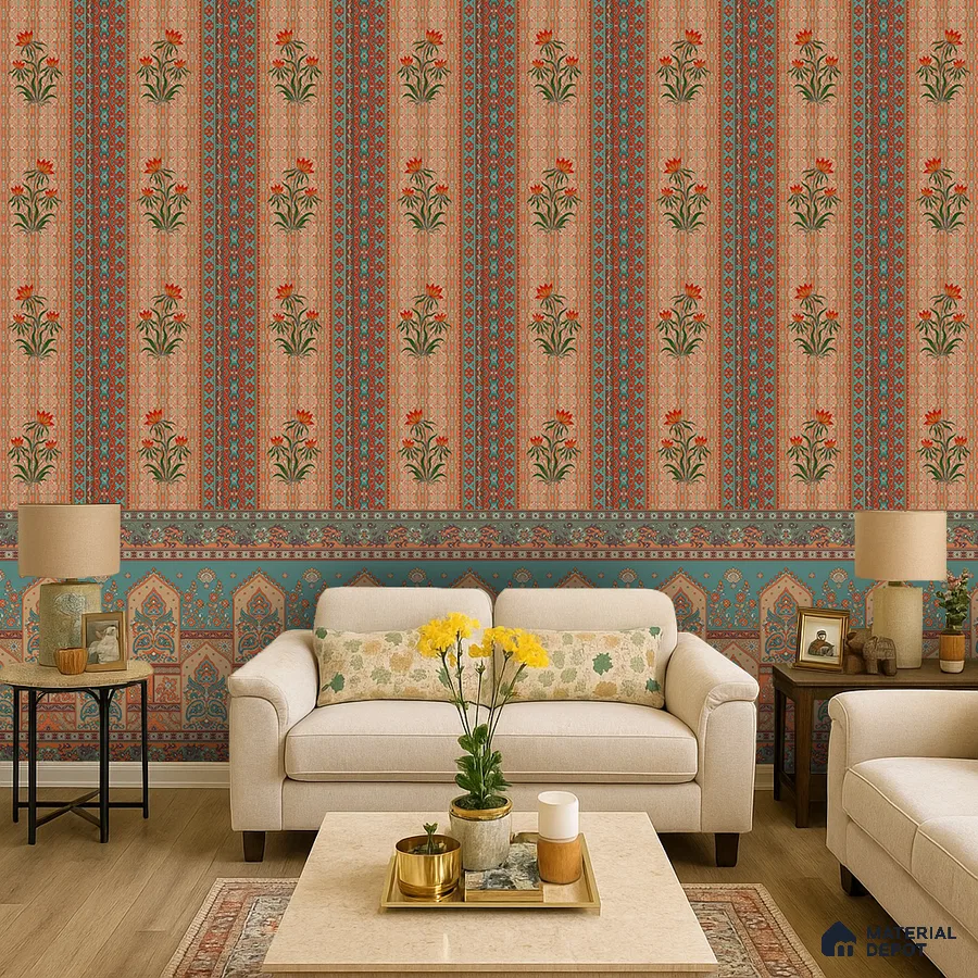 Traditional living room with Indian floral patterned wallpaper and beige fabric sofas in Bengaluru