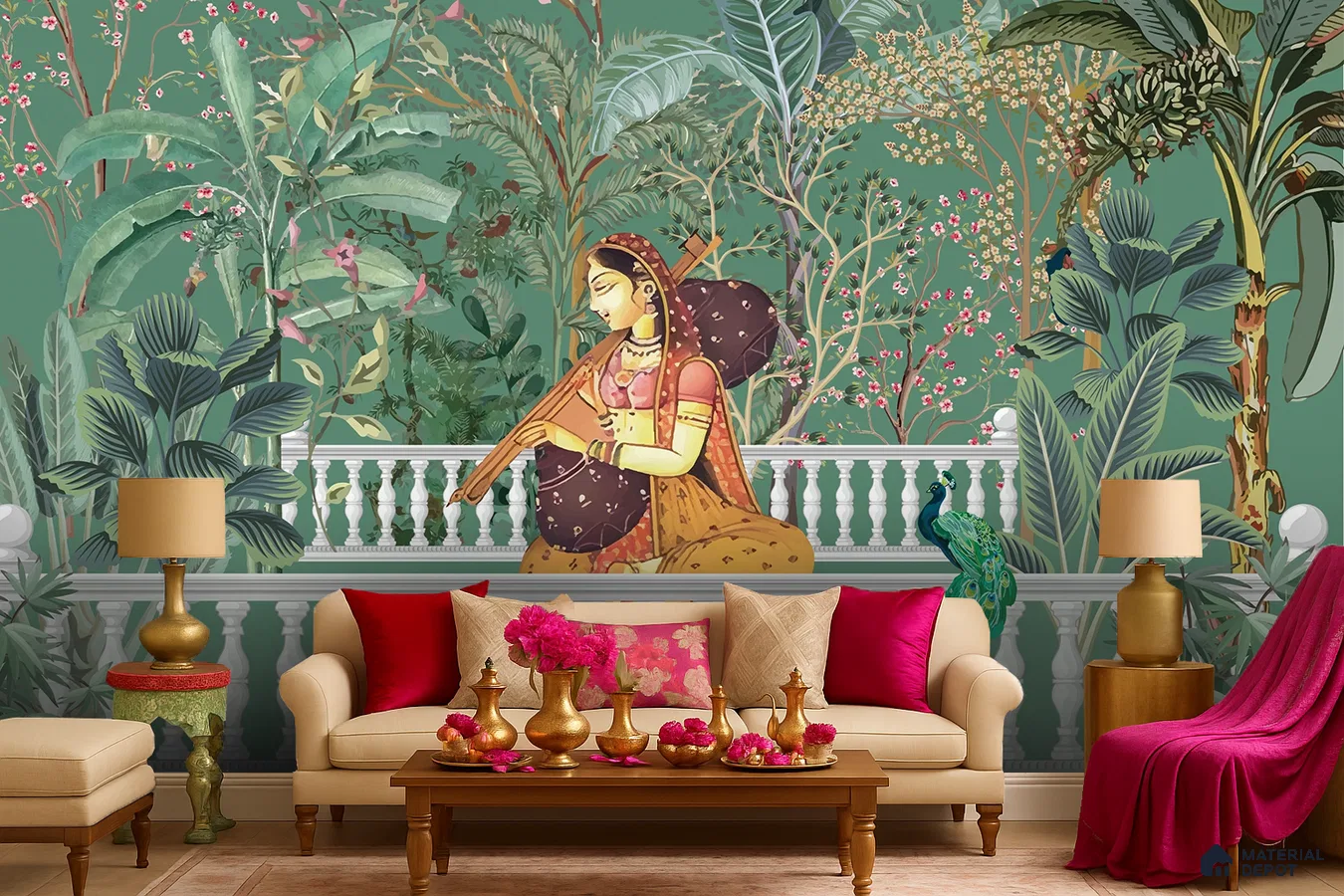 Traditional living room with Indian mural wallpaper and beige upholstered sofa in Bengaluru
