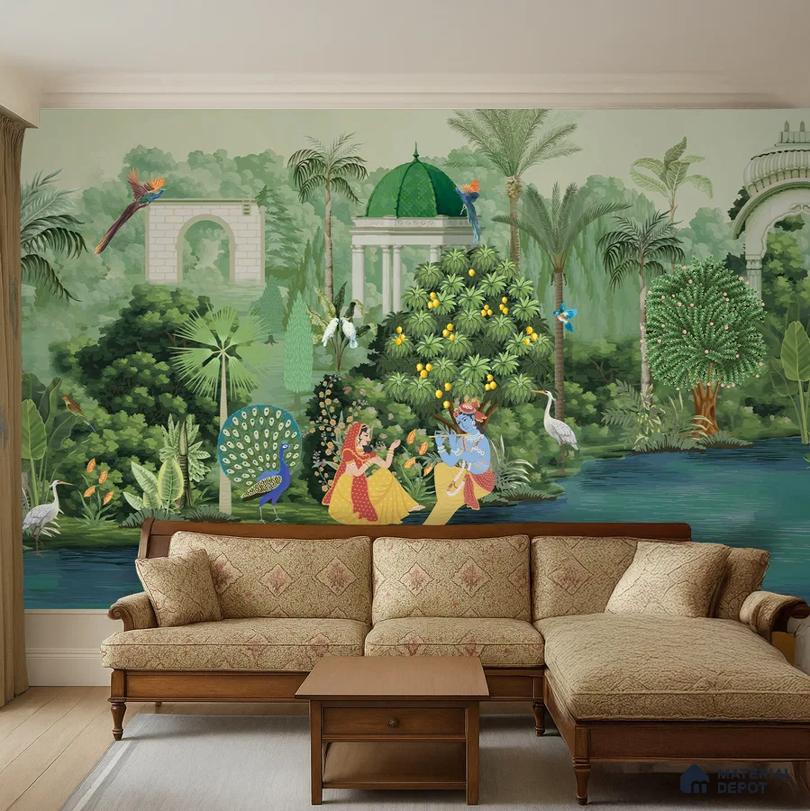 Traditional living room with Indian mural wallpaper and carved wood sofa set in Bengaluru