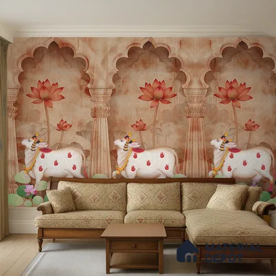 Traditional living room with Indian mural wallpaper and carved wood sofa set in Bengaluru