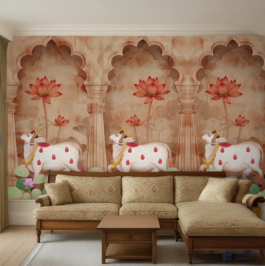 Traditional living room with Indian mural wallpaper and carved wood sofa set in Bengaluru