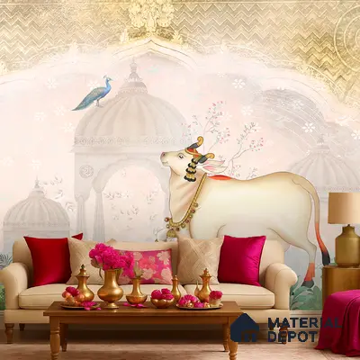Traditional living room with Indian mural wallpaper, beige sofa, and wooden coffee table in Bengaluru