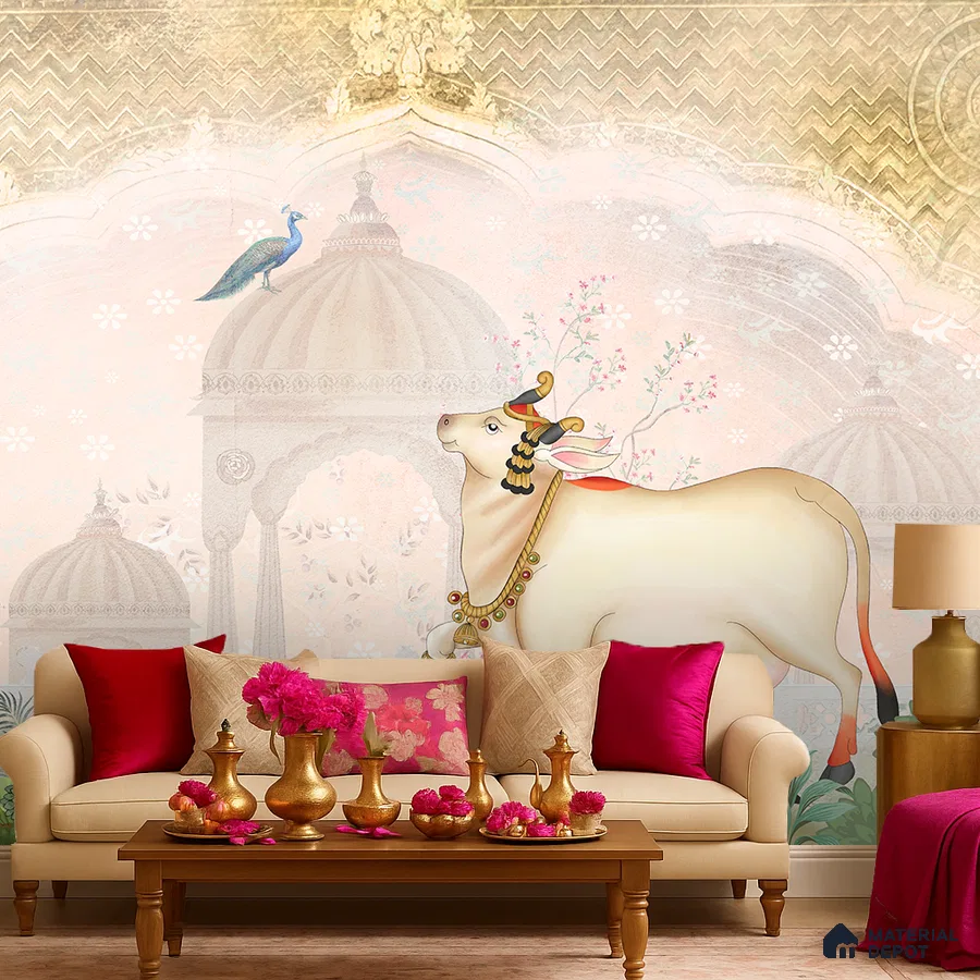Traditional living room with Indian mural wallpaper, beige sofa, and wooden coffee table in Bengaluru
