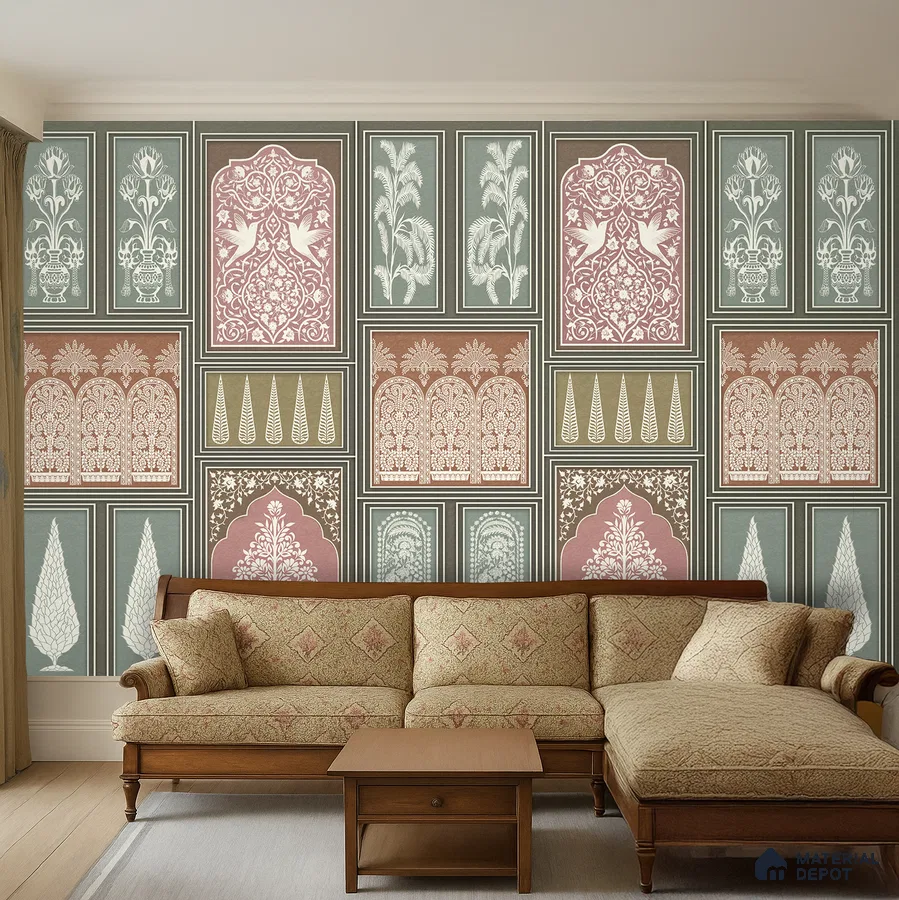 Traditional living room with Indian patterned wallpaper and carved wood sofa set in Bengaluru