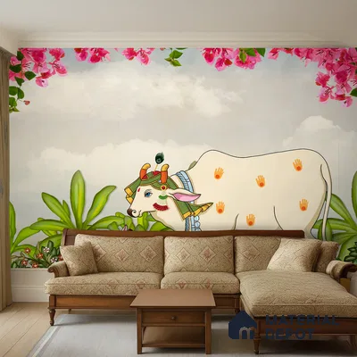 Traditional living room with Indian Pichwai cow mural wallpaper and classic wooden sofa set in Bengaluru