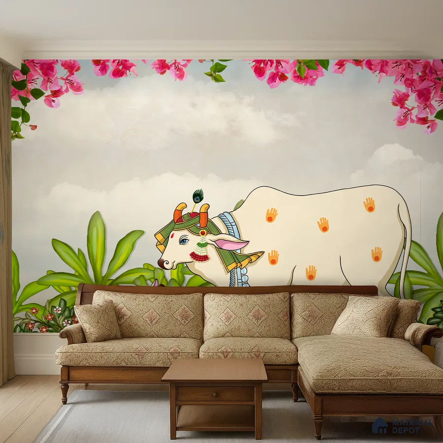 Traditional living room with Indian Pichwai cow mural wallpaper and classic wooden sofa set in Bengaluru